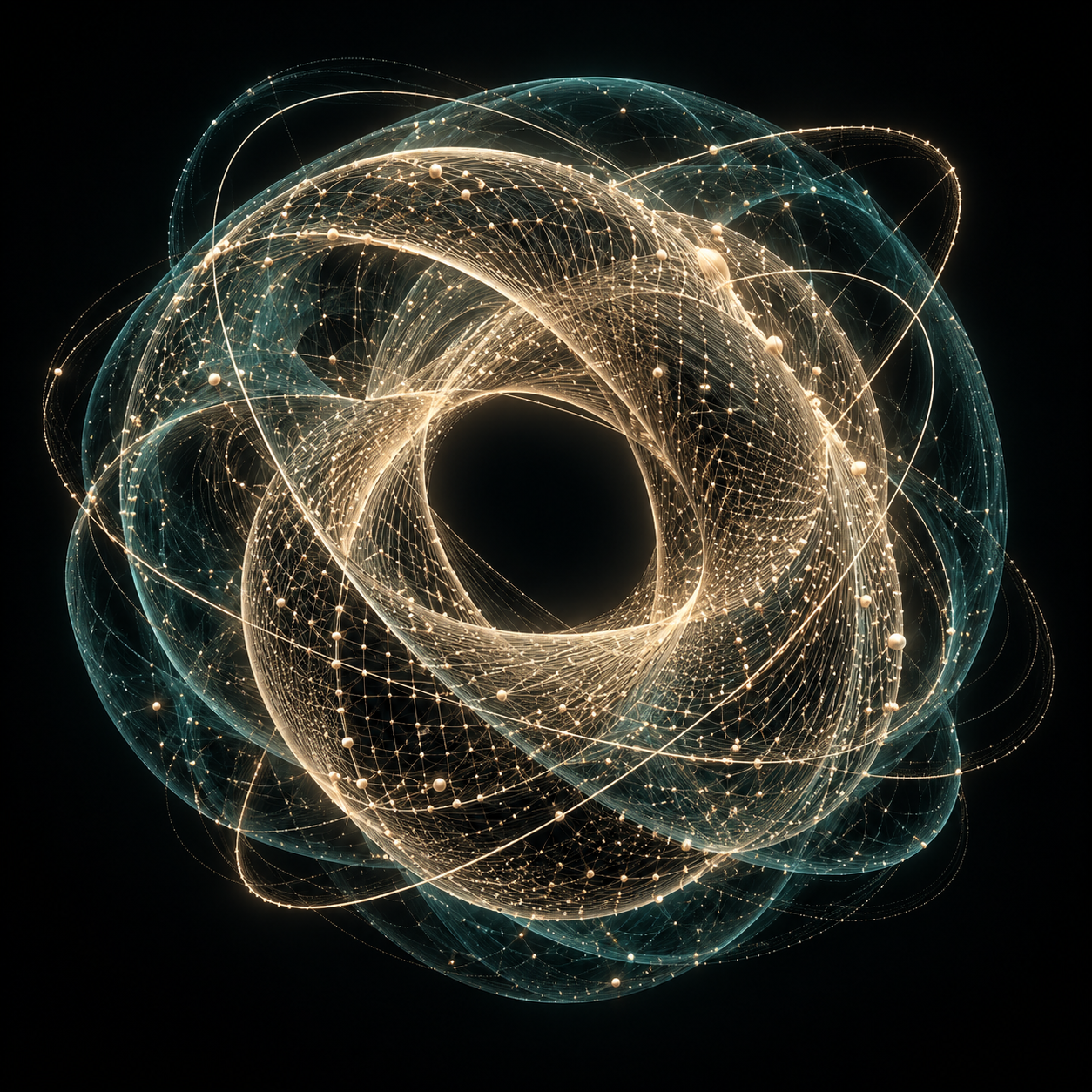 A spherical network woven from luminous gold and teal connections.